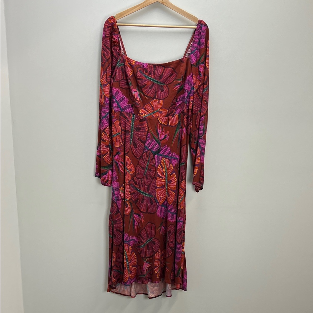 Women's Scoop Neck Floral Midi Dress - Red & Pink